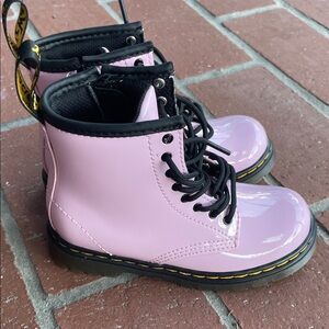 Dr. Martens Pink Patent Leather Kids Lace-Up Boots